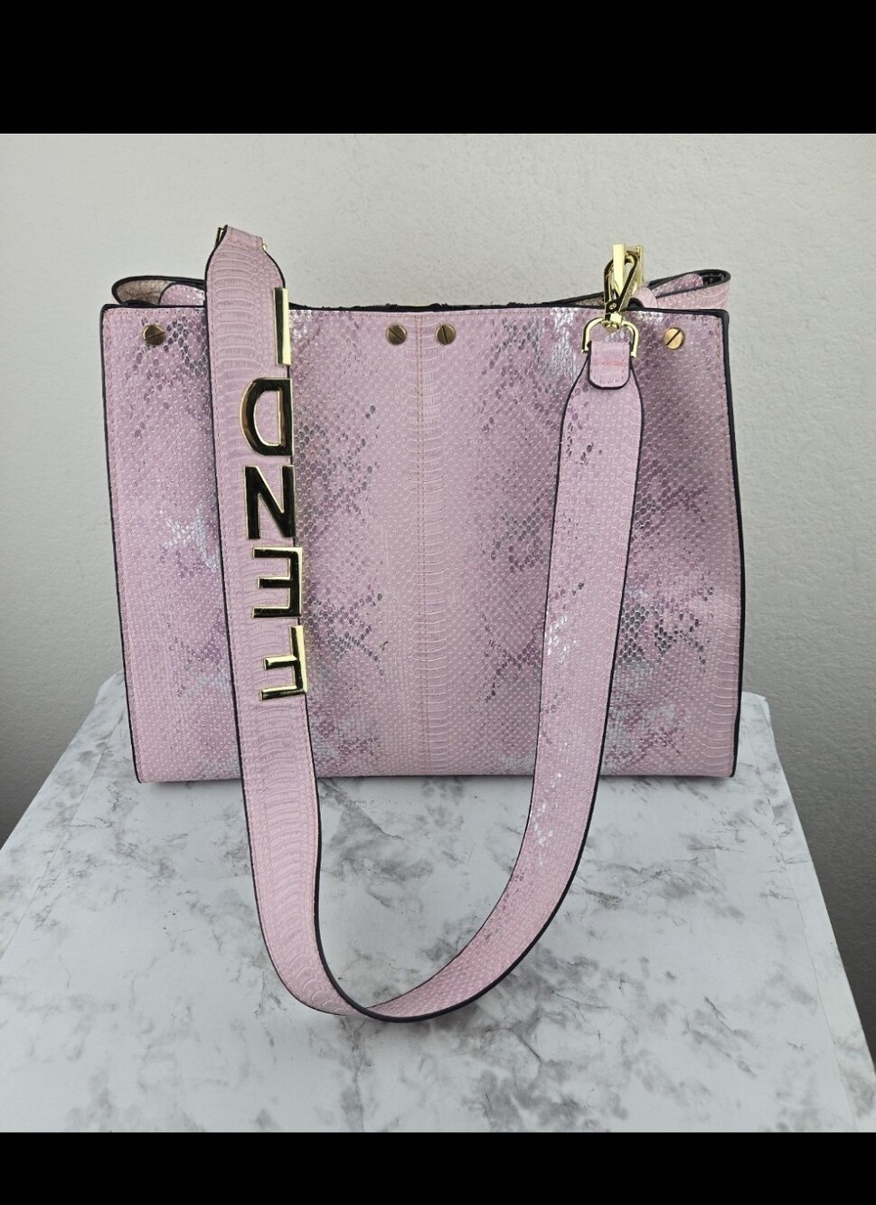 Pink Snake-Texture Tote Bag with Detachable Logo Strap